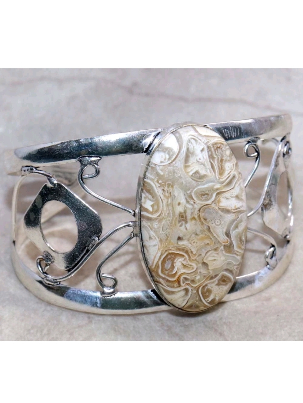 Turritella Agate Fossil Gemstone 925 Sterling Silver Adjustable Cuff Bracelet